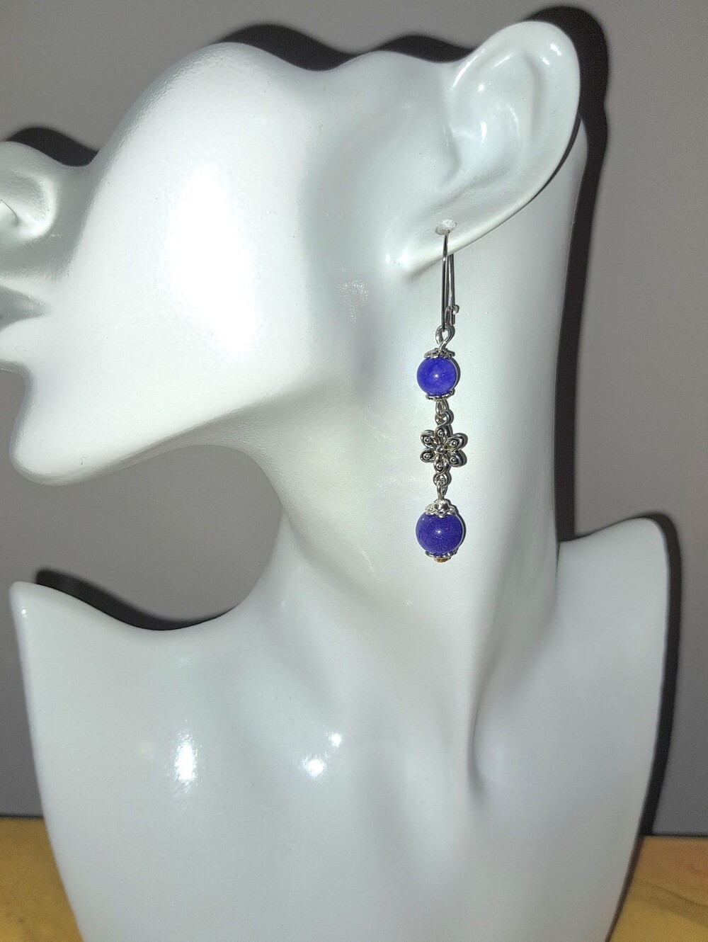 Blue Kyanite Dangle Earrings with Antique Silver Floral Accents, Stainless Hooks